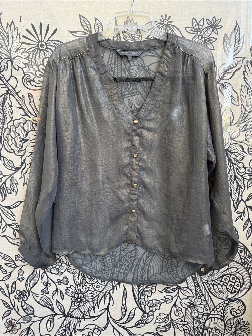 Waverley Grey Sheer Metallic Gray Button-Front Blouse